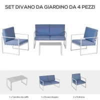 Outsunny Salotto da Giardino, Divano da Giardino, Set Mobili da Esterno con Poltrona da Giardino in Metallo e Poliestere, Bianco e Blu(m-4)