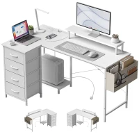 HOMCOM L Shaped Gaming Desk Reversible Power Outlets Corner Desk Storage Drawers Monitor Shelf 150 cm White(m-14)