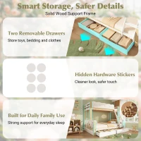 Playful Wooden Bunk Bed Frame with Storage Drawers, Solid Pine Twin Over Full Sleeper Bed for Kids Room, 195L x 140W x 154H cm, Natural+White(m-6)