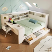 4ft6 Double Daybed with Built-In Desk and Storage Drawers, Modern Wooden Frame Sleeper Bed for Home Office, 263L x 159W x 100H cm, White(m-1)
