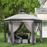 Outsunny Tenda Dobrável 4x3,4 m Hexagonal com Duplo Teto 6 Mosquiteiras Destacáveis e Saco de Transporte Castanho e Bege(m-7)