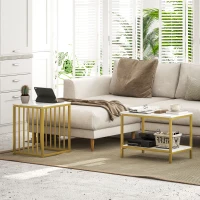HOMCOM Modern Coffee Table Set of Two, Marble-Effect Nesting Side Tables with Steel Frame for Living Room, Gold Tone(m-7)
