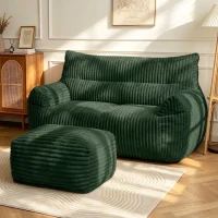 Oversized 2-Seater Corduroy Sofa with Ottoman, Comfortable Couch for Couples and Family, 100L x 135W x 75H cm, Green(m-1)