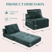 Cozy Convertible Floor Sofa Bed with Button-Tufted Detailing, Soft Chenille Folding Sleeper Couch for Living Room, 180L x 79W x 57H cm, Emerald(m-3)