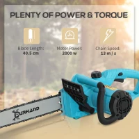 DURHAND 2000W Powerful Electric Chainsaw, 16" Aluminium Blade Portable Corded Chain Saw, 7250rpm Chain Saw for Garden Tree Pruning, 13m/s Chain Speed Auto Chain Lubrication to Cut Wood, Blue(m-4)