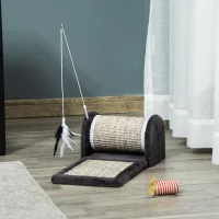 PawHut Arranhador para Gatos com Rolo Placa para Arranhar Revestidos de Sisal Natural e Brinquedo Suspenso Centro de Atividades para Animais de Estimação 44x24x16 cm Cinza(m-10)