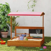 Outsunny Arenero de Madera para Niños con Techo Regulable con Juguetes de Cocina Juego para Niños 3-7 Años 114x110x110 cm Marrón(m-8)