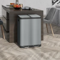 HOMCOM Doppelfach-Mülleimer, 2 x 30L, fingerabdruckresistent, Pedal, herausnehmbare Inneneimer, Grau(m-10)