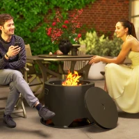 Outsunny Outdoor Round Fire Pit with Lid and Fire Poker - Black(m-6)