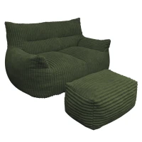Oversized 2-Seater Corduroy Sofa with Ottoman, Comfortable Couch for Couples and Family, 100L x 135W x 75H cm, Green(m-2)