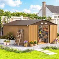 Outsunny 13 x 11ft Metal Garden Shed, Waterproof Outdoor Bike Storage Shed Galvanised with Vents, Foundation Kit, Apex Roof and Lockable Double Doors for Patio Lawn, Light Brown(m-2)