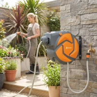 DURHAND 10m Garden Hose Reel Wall Mounted Auto Rewind with 7 Patterns Spray Nozzle, Includes Wall Fixings, Orange(m-10)