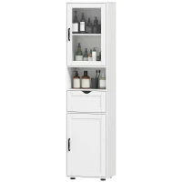 HOMCOM Columna de Baño Estrecha con Puerta de Vidrio Estantes Ajustables Cajón Estante Abierto 40x30x165 cm Blanco(m-11)