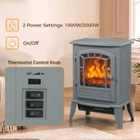 HOMCOM Electric Fireplace Stove, 1000W/2000W, Freestanding Electric Fire with LED Flame Effect, Adjustable Thermostat, Grey(m-5)