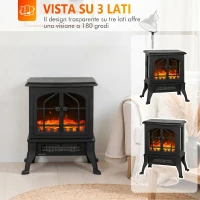 HOMCOM Camino Elettrico da Terra 900/1800W Vista su Tre Lati, Fiamma 3D e Termostato Regolabile 10-35°C, 30㎡, Nero(m-5)
