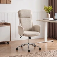 HOMCOM Cadeira de Escritório Giratória com Encosto Alto, Função de Balanço, Altura Ajustável, Apoios de Braços Acolchoados e Rodas - Bege(m-10)