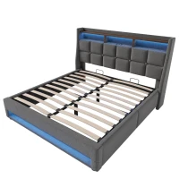 Vintage-Look King Bed with LED Lighting, Stylish Bed Frame with Gas-Lift Under-Bed Storage Space, 210L x 185W x 117H cm, Grey(m-13)