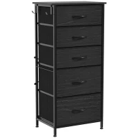HOMCOM Chest of Drawers, Dresser with 5 Fabric Drawers, Tall Storage Unit with 4 Pockets and 2 Hooks, Steel Frame, Black(m-1)