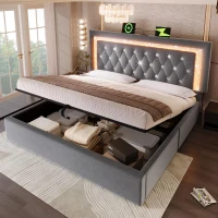 Smart Double Bed with Height-Adjustable Headboard, Stylish Bed Frame for Contemporary Bedrooms, 204L x 145W x 108H cm, Grey(m-1)