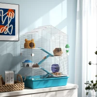 PawHut Gaiola para Hamster de 5 Níveis com Plataformas Comedouro Bebedouro Casa Rampa e Rodas de Exercícios 58x36x81 cm Azul Claro(m-10)