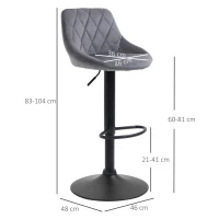 HOMCOM Conjunto de 2 Bancos de Bar Altura Regulável com Base em Metal e Assento em Veludo Bancos Modernas com Encosto e Descanso para os Pés 46x48x83-104 cm Cinza e Preto(m-3)