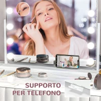 HOMCOM Specchio da Trucco con 14 Luci LED Regolabili e Ricarica USB, in Vetro e Metallo, 62.5x14x49.5 cm, Bianco(m-5)