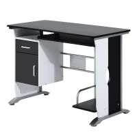 HOMCOM Computertisch mit 1 Schublade, 1 Schrank, 1 Tastaturablage, Schreibtisch. Bürotisch, MDF Weiß+Schwarz+Silber(m-11)