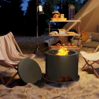 Outsunny Outdoor Round Fire Pit with Lid and Fire Poker - Black(m-10)