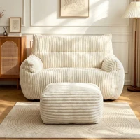 Oversized 2-Seater Corduroy Sofa with Ottoman, Comfortable Couch for Couples and Family, 100L x 135W x 75H cm, White(m-1)