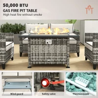 Outsunny 5-Piece Rattan Patio Furniture Set with Gas Fire Pit Table, Loveseat Sofa, Armchairs, Cushions, Pillows, Grey(m-4)