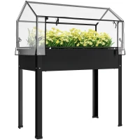 Outsunny Hochbeet mit Gewächshaus-Dach, Erhöhte Pflanzenbox mit Ablauflöchern, 100 x 48 x 124 cm, Schwarz(m-12)