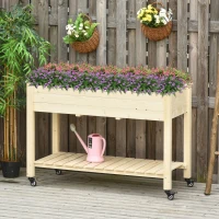 Outsunny Hochbeet mit rädern Pflanztisch Blumenkasten mit Abfluss Massivholz Vliesstoff Natur 118 x 55 x 83 cm(m-2)