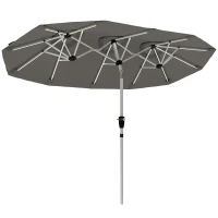 Outsunny 3 m Double-Sided Garden Parasol with LED Solar Lights, Tilt, Outdoor Extra Large Sun Umbrella with Crank Handle, Grey(m-1)