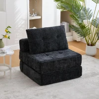 Cozy Convertible Floor Sofa Bed with Button-Tufted Detailing, Soft Chenille Folding Sleeper Couch for Living Room, 180L x 79W x 57H cm, Black(m-1)
