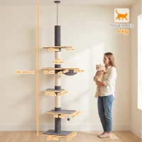PawHut Drapak sufitowy 225–255 cm regulowany Drapak dla kota z 5 poziomami 3 słupkami z sizalu, hamak, platformy(m-3)