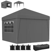 Outsunny Tonnelle de jardin pliante 3 x 3 x 2,75 m anti-UV 30 + avec fenêtres + parois latérales + sac de transport gris foncé(m-13)
