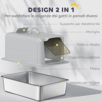 PawHut Lettiera per Gatti Chiusa con Vassoio in Acciaio, Paletta e Filtri, 40.5x60.5x41.5 cm, Grigio e Argento(m-6)