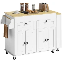 HOMCOM îlot central cuisine avec plateau extensible, desserte de cuisine sur roulettes avec 2 tiroirs, 4 portes, blanc(m-13)