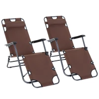 Outsunny 2 in 1 Folding Sun Lounger Reclining Garden Chair Set of 2 with 2-Level Adjustable Backrest, Outdoor Zero Gravity Recliner Garden Chairs with Head Pillow and Armrests, Brown(m-1)