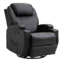 HOMCOM Fauteuil de massage inclinable, bascule et pivotant à 360°, fauteuil de relaxation, dossier et repose-pieds réglable manuellement, télécommande, porte-gobelets et poches latérales, noir(m-12)