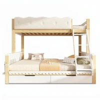 Playful Wooden Bunk Bed Frame with Storage Drawers, Solid Pine Twin Over Full Sleeper Bed for Kids Room, 195L x 140W x 154H cm, Natural+White(m-2)
