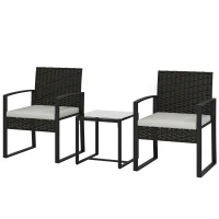 Outsunny Conjunto de Móveis de Exterior de 3 Peças em Vime PE com Cadeiras Mesa de Vidro Temperado e Almofadas Marrom e Creme(m-12)