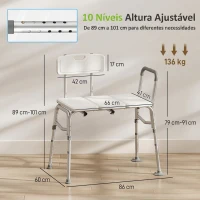 HOMCOM Banco de Duche de Transferência com Apoios de Braços e Encosto, Altura Ajustável em 10 Níveis, Suporta 136 kg(m-3)