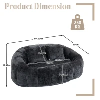 Cozy Oversized Bean Bag Sofa with 2 Matching Pillows, Soft 2-Seat Sectional Couch for Living Room and Bedroom, 145L x 95W x 63H cm, Black(m-3)