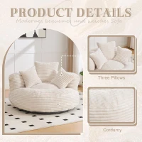 Plush Oversized Bean Bag Chair with High Back & 3 Pillows, Cozy Corduroy Floor Lounger Sofa for Living Room, 108L x 108W x 52H cm, Beige(m-7)