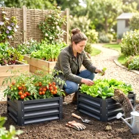 Outsunny Set of 2 Raised Garden Bed, Outdoor Elevated Galvanised Planter Box for Flowers, Herbs, 60x60x30.5cm, Grey(m-12)