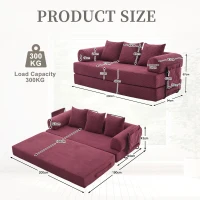 Cozy Compressible Folding Sofa with Detachable Metal Frame, Soft Modular Sectional Couch for Small Apartment, 110L x 33W x 33H cm, Wine Red(m-3)