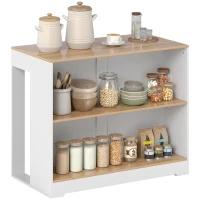 HOMCOM Table de bar, table haute cuisine à 3 niveaux 2 compartiments ouverts, plateau effet bois naturel 113 x 60 x 90 cm blanc(m-11)