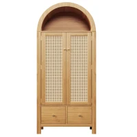 Country-Style Rattan Wardrobe with Semi-Circular Storage Area, Stylish Storage Cabinet for Bedrooms and Entryways, 78L x 45W x 181H cm, Oak(m-2)