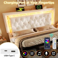 Smart Double Bed with Height-Adjustable Headboard, Stylish Bed Frame for Contemporary Bedrooms, 204L x 145W x 108H cm, Beige(m-5)